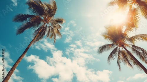 Blue sky and palm trees view from below, vintage style, tropical beach and summer background © LaxmiOwl