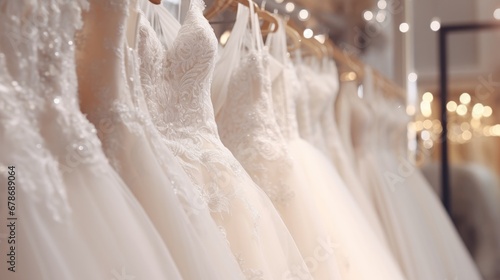 A Row of Elegant Wedding Dresses Adorned With Lace and Pearls