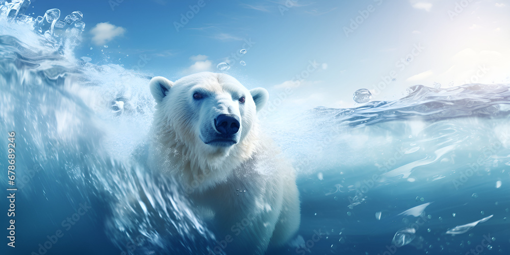 A Majestic Polar Bear Contemplating on an Ice Floe Beneath the Winter Sky on winter sky background generative AI
