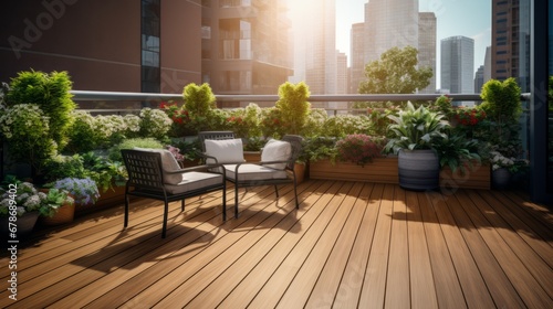 A Serene Oasis: A Tranquil Wooden Deck with Cozy Chairs and Lush Potted Plants