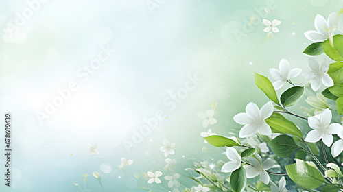 Journey into Summer's Heart, Abstract Artistry with Jasmine Flowers on blurred summer and spring, light blue and white Ethereal Background generative AI