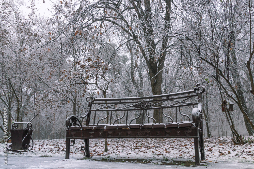 A park bench covered with snow. Icy trees in the park after a sudden cold snap. Ice on the branches. Frozen trees. Frosty weather in winter. A walk in the park in winter.