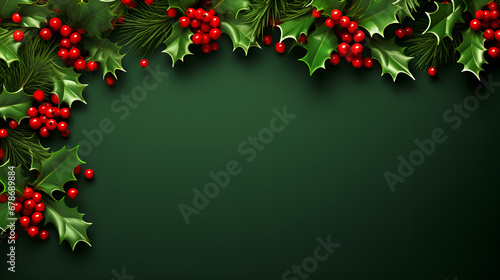 Christmas evergreen branch and red holly berry flat lay on green background. Basics for winter seasonal decor, creating an atmosphere of celebration and comfort. Copy space.