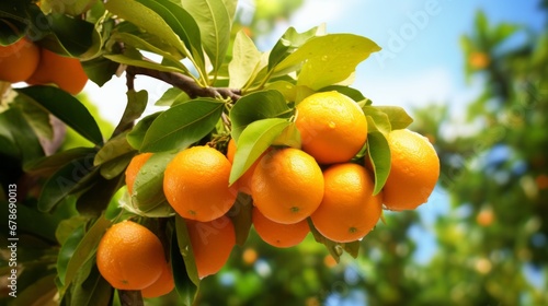 A Vibrant Harvest: Oranges Dangling from Lush Tree Branches