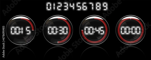 Set of digital stopwatches. Electronic timers. Isolated. Vector.