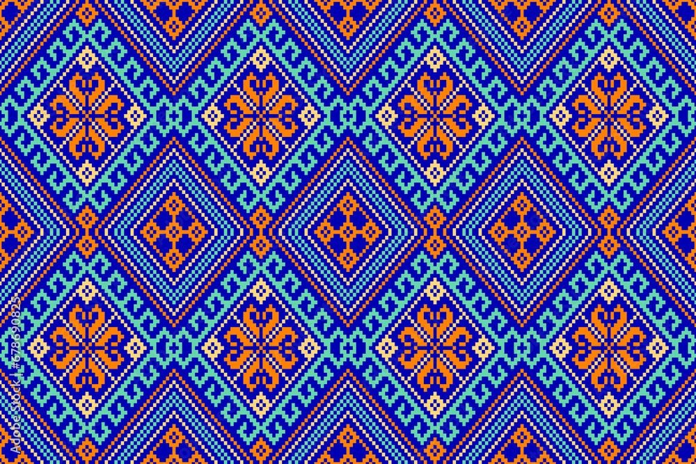 Traditional fabric pattern, pixel art, geometric shapes, bright colors, designed for fabric patterns, textiles, home decor, decoration, cross stitch, fashion design, wallpapers, background.