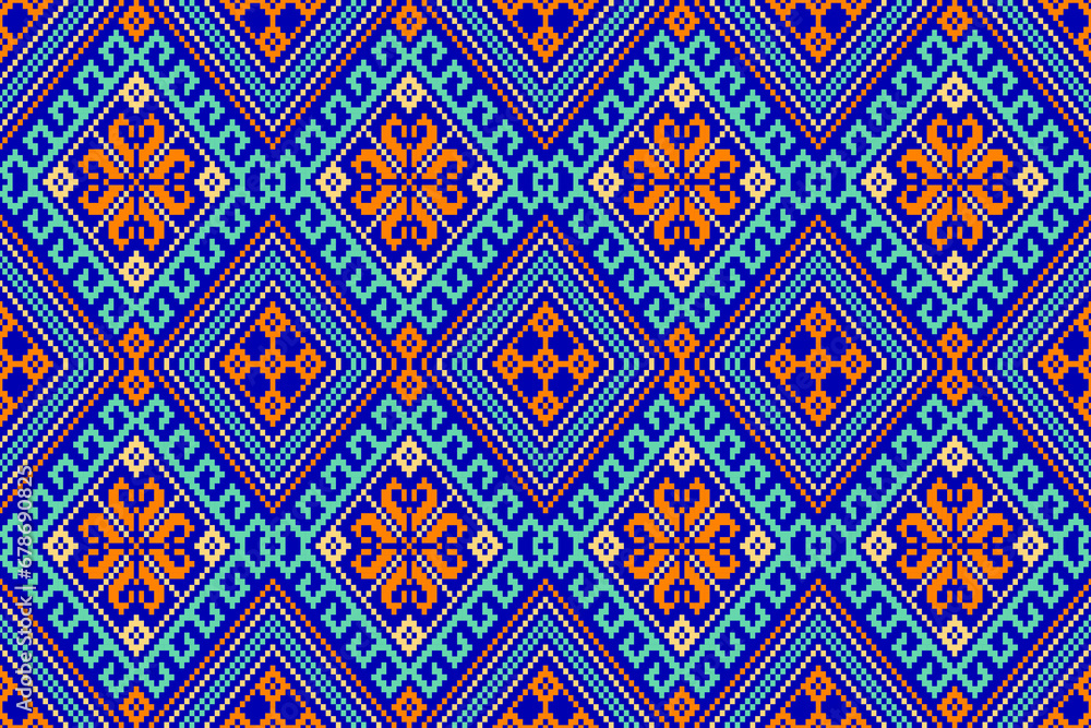 Traditional fabric pattern, pixel art, geometric shapes, bright colors, designed for fabric patterns, textiles, home decor, decoration, cross stitch, fashion design, wallpapers, background. Traditional fabric pattern, pixel art, geometric shapes, bright colors, designed for fabric patterns, textiles, home decor, decoration, cross stitch, fashion design, wallpapers, background.
