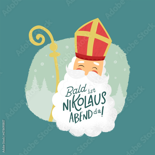 Lovely drawn Nikolaus character, text form german christmas song "Soon St. Nicolas Evening is here" - great for invitations, banners, wallpapers, cards
