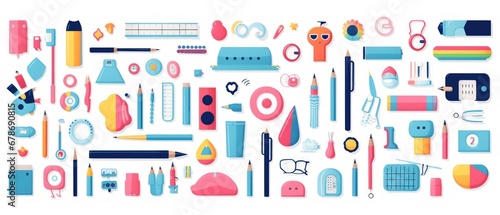 Hand drawn school equipment set cartoon on pastel color background. AI generated photo