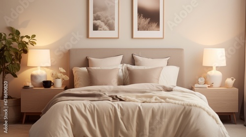 A Cozy Bedroom with a Comfortable Bed and Artistic Wall Decor © mattegg