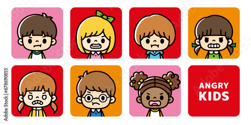 Set of icons of multiracial children with angry faces