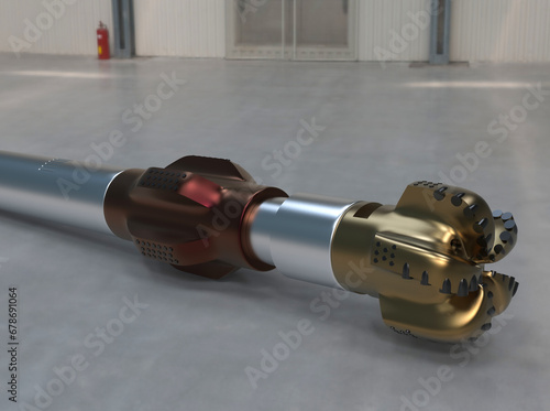 PDC drilling bit and mud motor in warehouse, created by 3D modeling and rendering. Its used for drilling oil well industry and technology