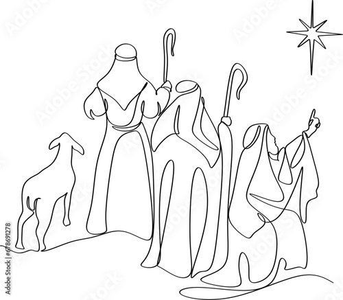 Merry Christmas shepherd and sheeps. Continuous one line drawing. Vector illustration