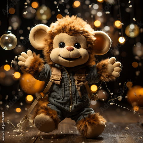 monkey toy, dancing, uniquely designed character, tall size, large, round head, black background with soft light, toy style created with Generative Ai