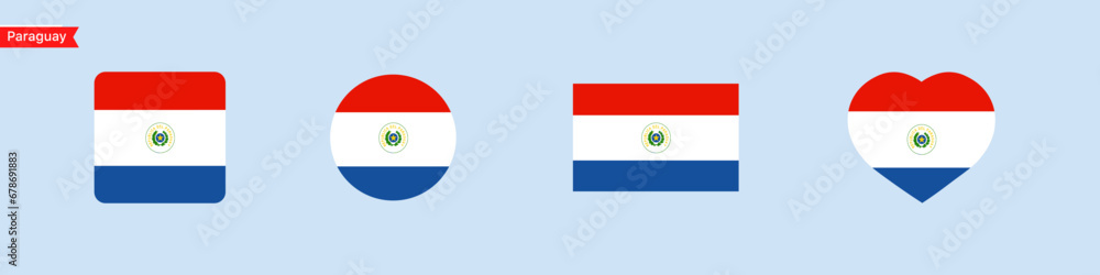 Paraguay national flag. Paraguay flag icons for UI design. Isolated flag symbols in the shape of a square, circle, heart. Vector icons Paraguay national flag. Paraguay flag icons for UI design. Isolated flag symbols in the shape of a square, circle, heart. Vector icons