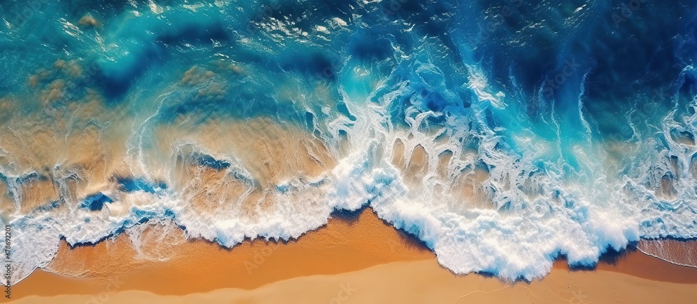Aerial drone view of beautiful beach with turquoise ocean waves Aerial drone view of beautiful beach with turquoise ocean waves