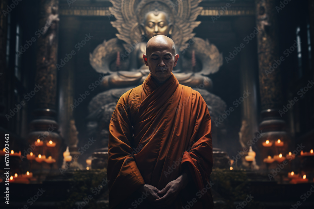 Asian monk in a Buddhist temple. Religious concept