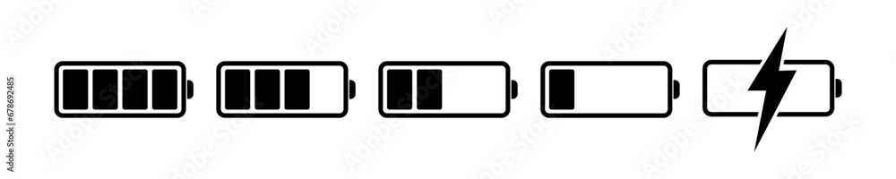 Battery vector icon set. Battery charge level illustration. Charging sign. Battery vector icon set. Battery charge level illustration. Charging sign.