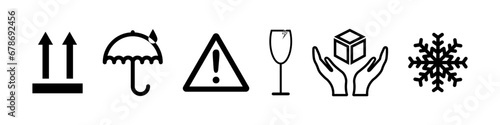 Fragile vector icon.  This side up. Handle with care. Keep away from water. Packaging symbols set.
