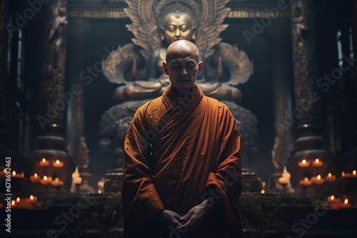 Asian monk in a Buddhist temple. Religious concept
