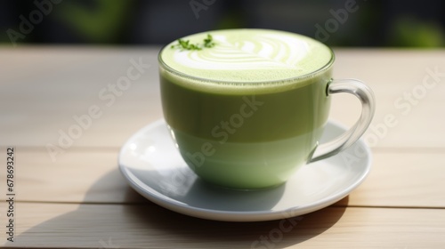 latte art cup green matcha green tea latte cup on  table