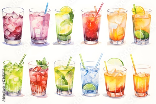 High-Resolution Beverage Art: Detailed hand-painted watercolor set featuring glasses and refreshing drinks