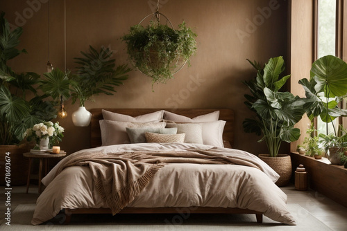 love nature style minimalistic bedroom villa resort interior with green home plants