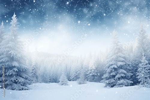Christmas winter space of snow blurred background. Xmas tree with snow, holiday festive background. 