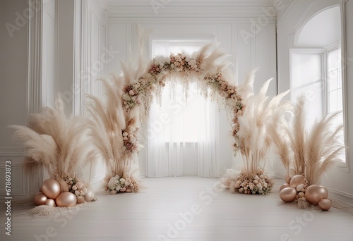 Minimalistic Boho wedding arch with pampas and flowers, balloons inside a bright white room, wedding backdrop, photography backdrop, digital backdrop photo