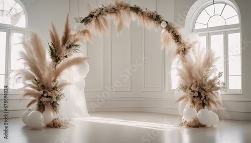 Minimalistic Boho wedding arch with pampas and flowers, balloons inside a bright white room, wedding backdrop, photography backdrop, digital backdrop