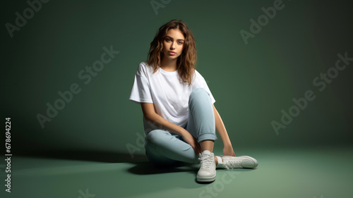 Young woman in white t-shirt and blue jeans sitting on green background