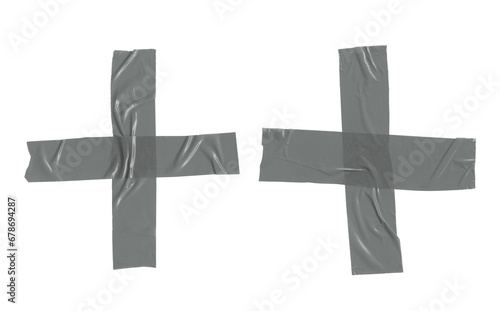 Silver adhesive tapes. Cross torn sticky tape set. Wrinkled adhesive tape pieces. photo