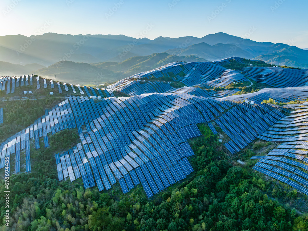 Fototapeta premium Aerial photography of photovoltaic panels on the mountain