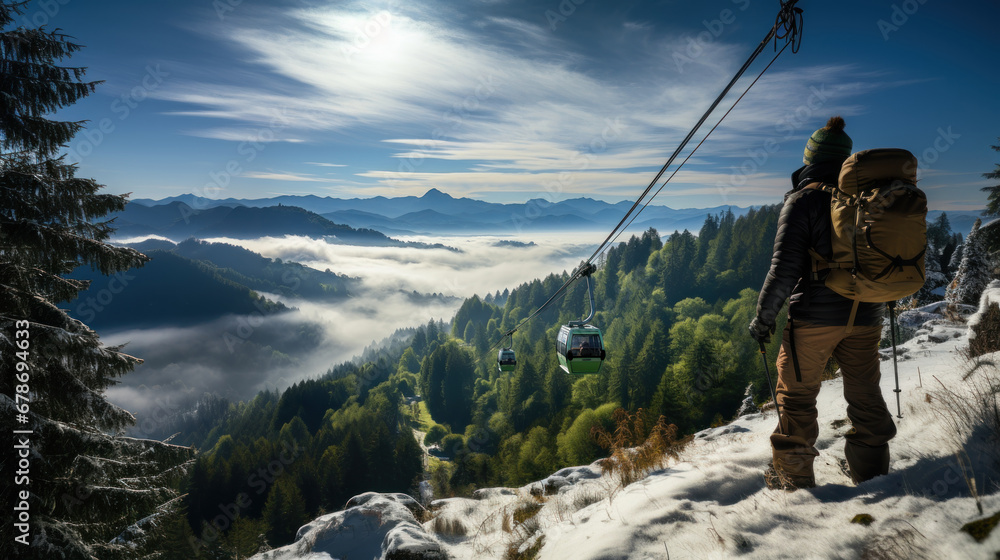 Cable car in the Dolomites mountains in winter, Italy.
