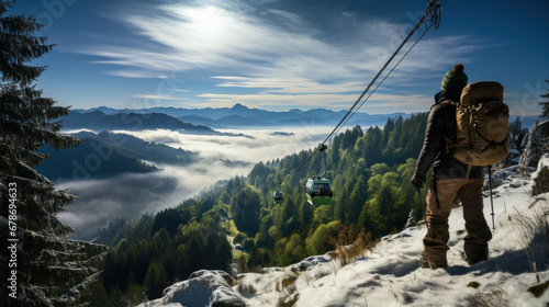Cable car in the Dolomites mountains in winter, Italy. photo
