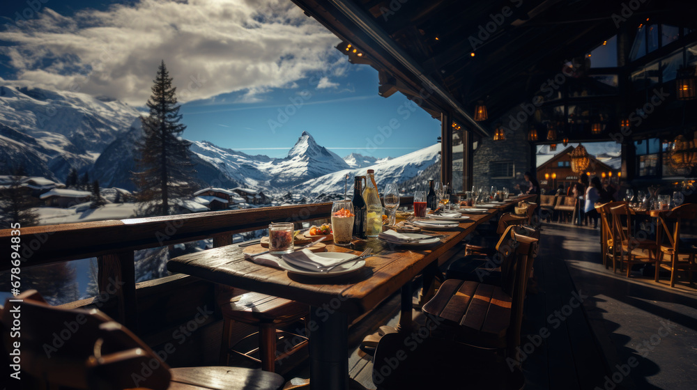 Restaurant in the Dolomites, Italy. View of Matterhorn. - obrazy, fototapety, plakaty 