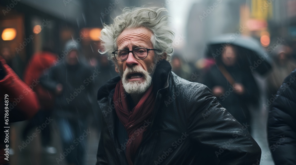 Elderly man with gray hair and a puzzled expression, appearing disoriented and lost on a city street, possibly suffering from Alzheimers or dementiarelated confusion.