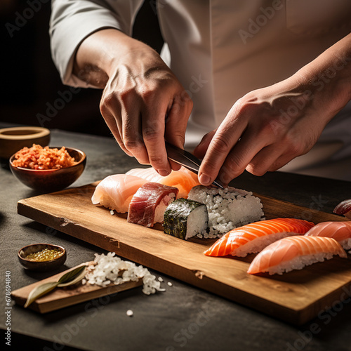Hand of a Chef making sushi. photo