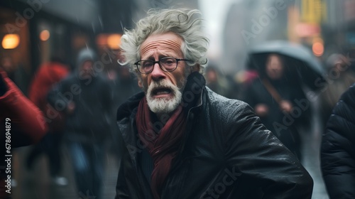 Elderly man with gray hair and a puzzled expression  appearing disoriented and lost on a city street  possibly suffering from Alzheimers or dementiarelated confusion.