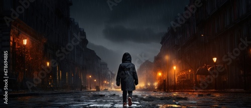 Little girl walking alone on empty street of town. AI generated image photo