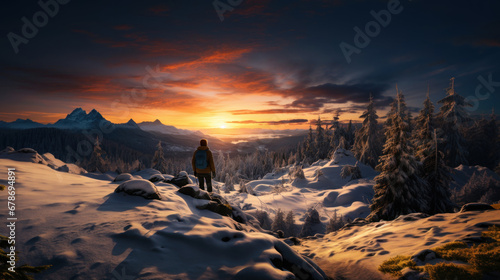Hiker on the top of a snowy mountain at sunset in winter.