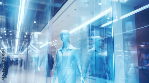 Blurred background of a modern shopping mall with mannequins in fashion shopfront. Abstract motion blurred outlet
