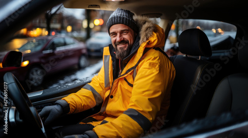 Handsome bearded man delivery service in yellow uniform jacket driving a car on a winter day. photo