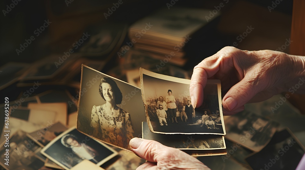 Elderly woman with a nostalgic expression holding and gazing at vintage photographs, reminiscing past memories, symbolizing the challenges of dementia and Alzheimers disease. - obrazy, fototapety, plakaty 