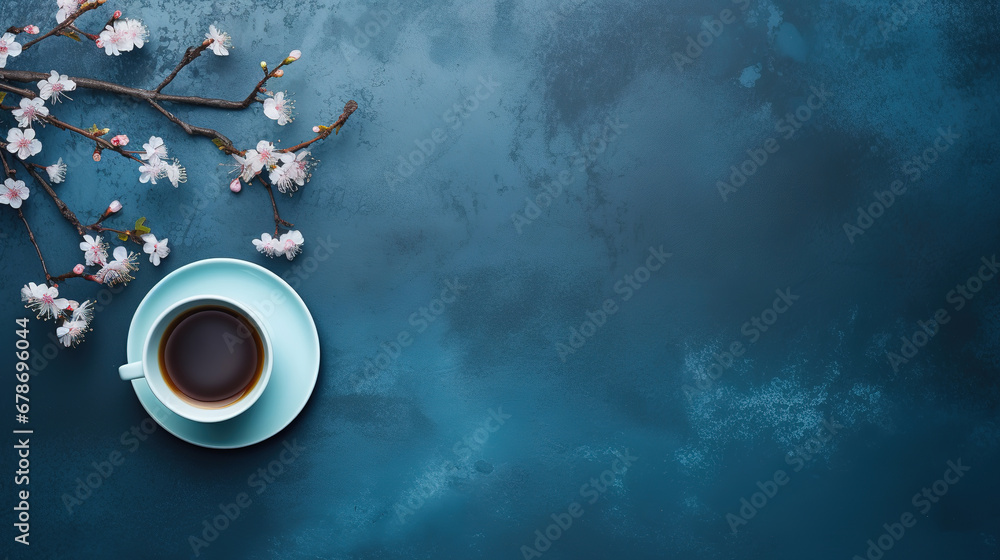 minimalist blue  background with a Tea cup, cappuccino, coffee , top view with empty copy space
