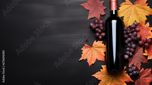Bottle of red wine with ripe grapes and vine leaves on black background. Copy space, top view