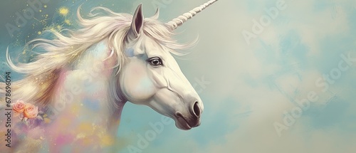 Hand drawn unicorn on pastel color background. AI generated