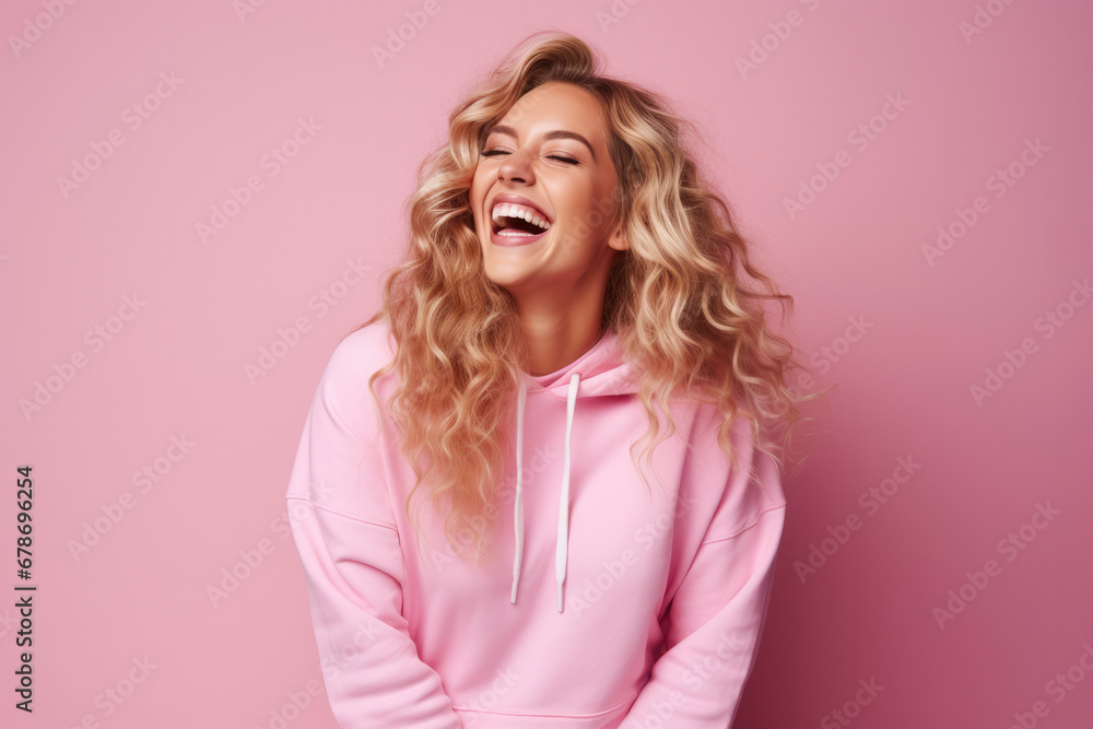 Fototapeta premium Young beautiful blonde girl with curly hair in pink hoodie laughs fervently on pink background. Human emotions, joy, laughter, happiness. Modern student