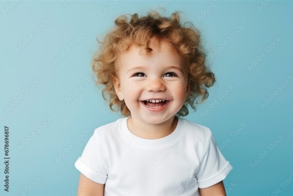 Plump handsome child todler boy with curly hair laughs with his eyes closed in joy in white T-shirt on blue background. Happy baby, childish joy. Concept of people's emotions Plump handsome child todler boy with curly hair laughs with his eyes closed in joy in white T-shirt on blue background. Happy baby, childish joy. Concept of people's emotions