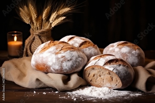 Round dark rye bread, flour, ears of wheat on wooden table. Healthy organic bread, food. Bread baking concept, bakery, small business. Still life with bakery products. Dark background